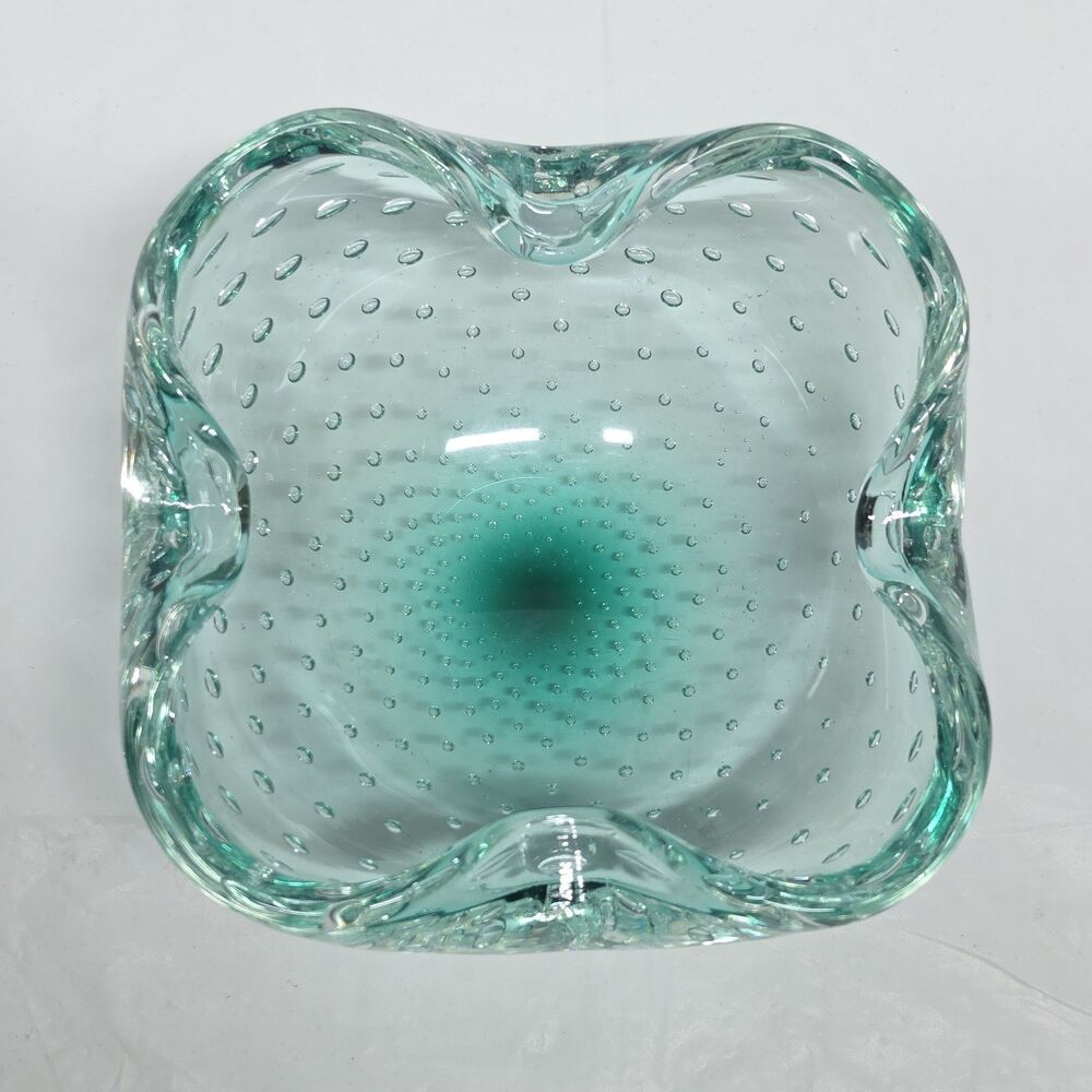 Vintage MCM Murano Bullicante Controlled Bubbles Bowl Ashtray Aqua Blue